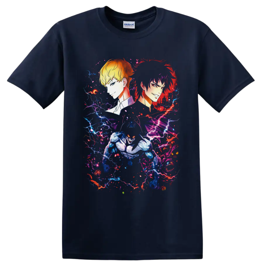 Ryo Asuka, Akira Fudo, and Devilman in neon lightning anime art on a Navy (Blue) T Shirt