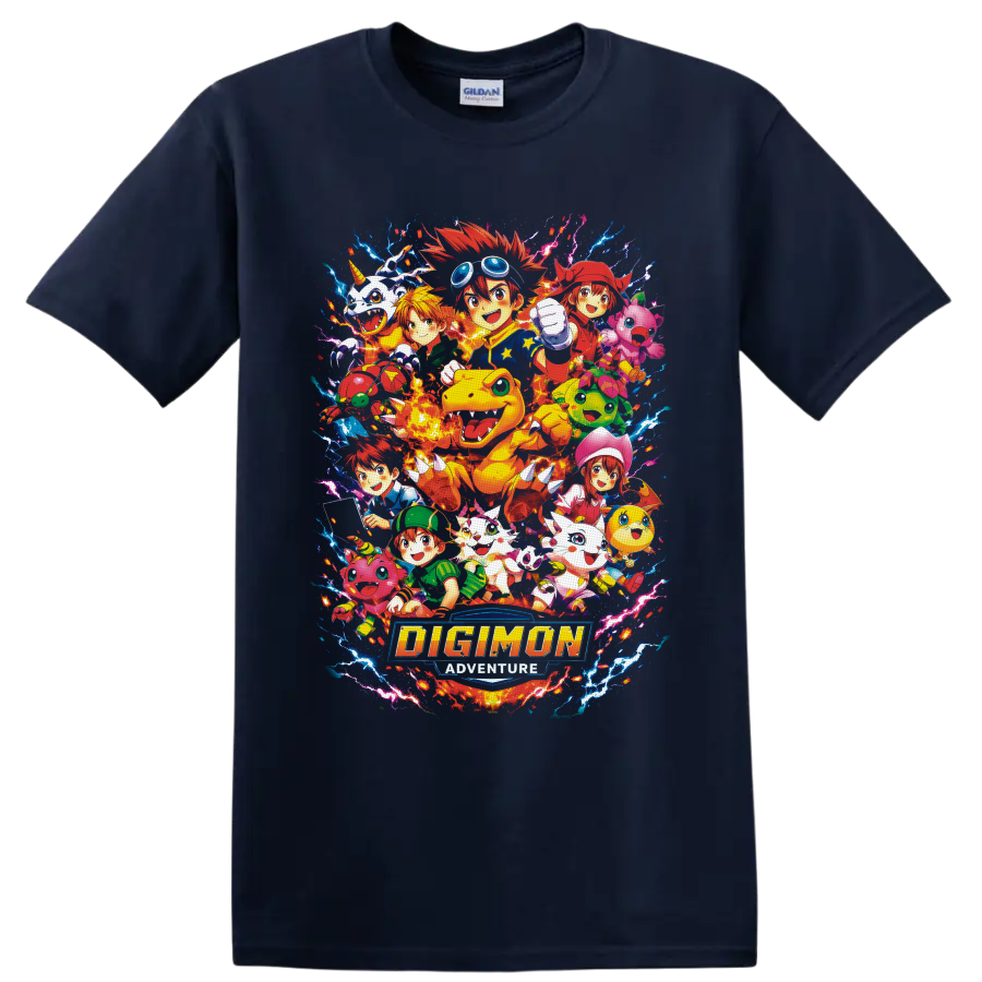 Digimon Adventure Agumon and DigiDestined anime collage with lightning and logo on a Navy (Blue) T Shirt