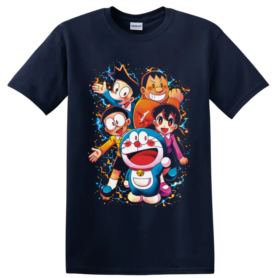 Doraemon and friends in vivid anime art with electric lightning and fiery sparks on a Navy (Blue) T Shirt