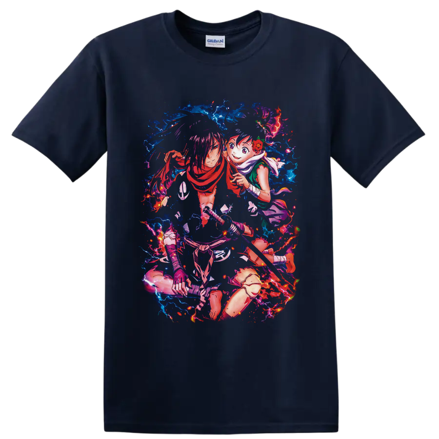 Gabimaru and Yui anime sword art with blue lightning and fiery red energy on a Navy (Blue) T Shirt