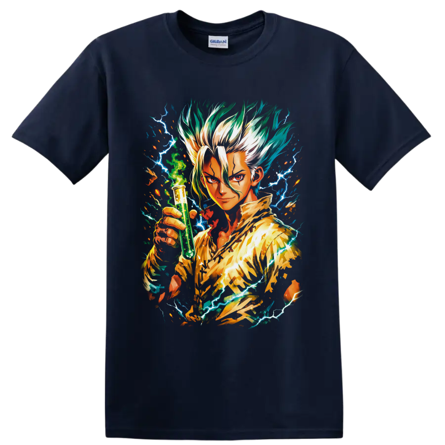 Senku Ishigami anime art holding a green test tube amid blue lightning on a Navy (Blue) T Shirt