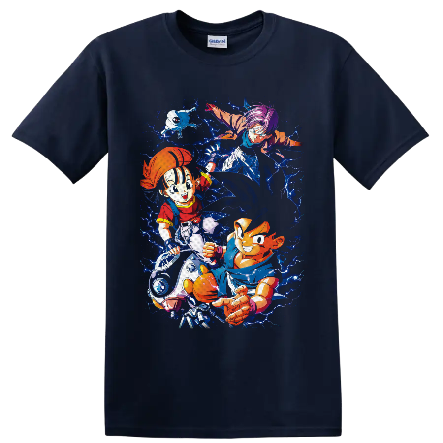 Goku, Pan and Trunks Dragon Ball GT anime art with electric blue lightning on a Navy (Blue) T Shirt