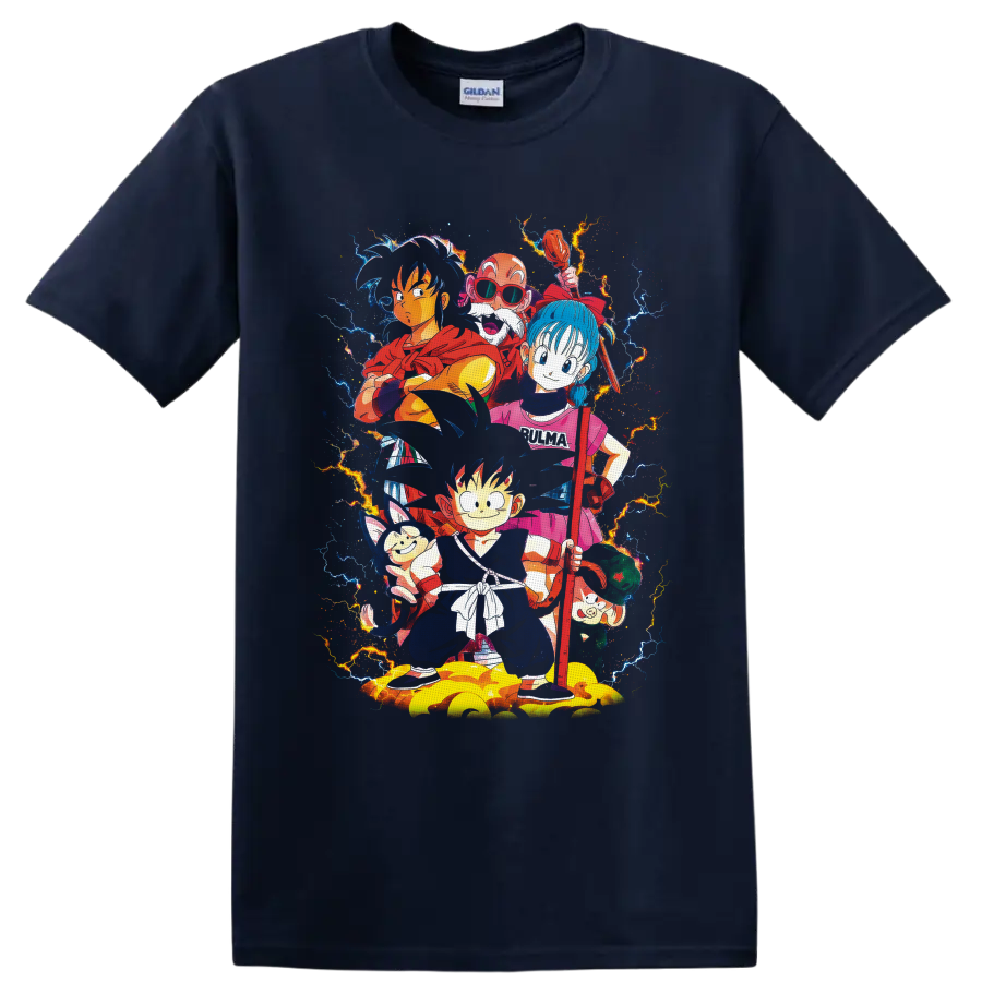 Dragon Ball Goku, Bulma, Yamcha and friends in vibrant lightning anime art on a Navy (Blue) T Shirt