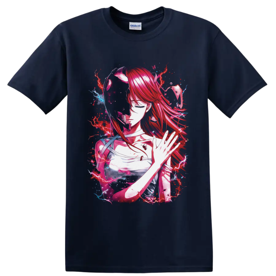 Elfen Lied Lucy anime artwork with red hair, horns, pink ribbons, and lightning on a Navy (Blue) T Shirt