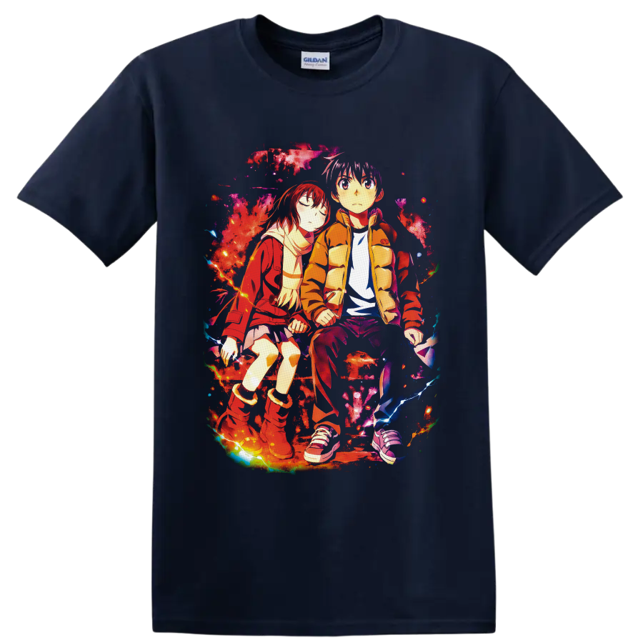 Satoru Fujinuma and Kayo Hinazuki in colorful Erased anime art with lightning on a Navy (Blue) T Shirt