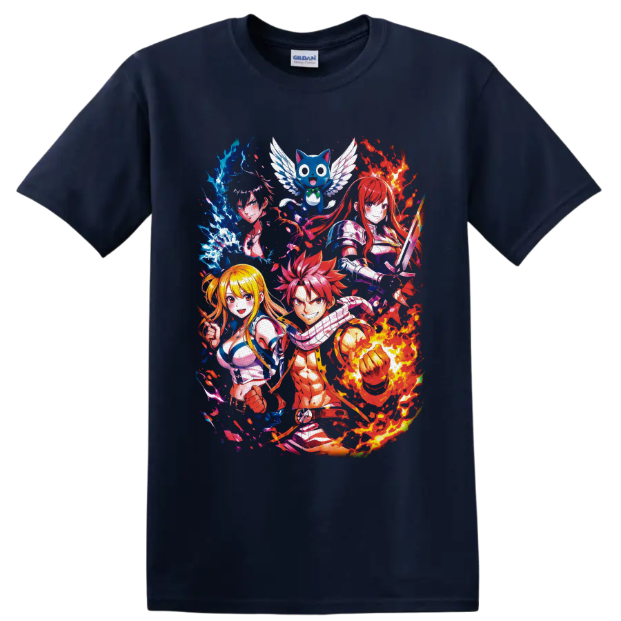 Fairy Tail characters Natsu, Lucy, Erza, Gray, and Happy in fire and ice anime art on a Navy (Blue) T Shirt