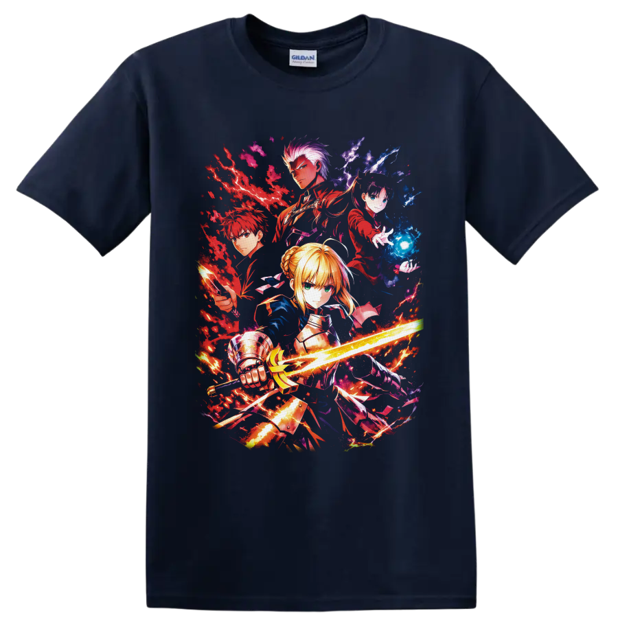 Fate/stay night Saber, Rin, Archer and Shirou action collage with sword and magic on a Navy (Blue) T Shirt