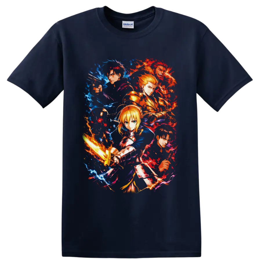 Fate/Zero Saber, Kiritsugu, Rider, Gilgamesh and Kirei anime lightning collage on a Navy (Blue) T Shirt