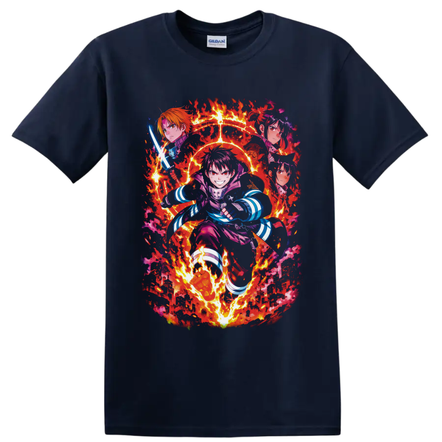 Shinra Kusakabe Fire Force anime action graphic with flames and burning city on a Navy (Blue) T Shirt