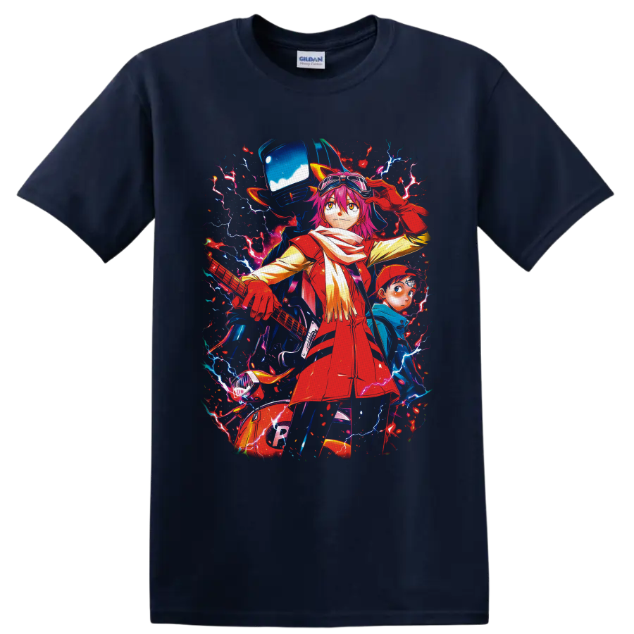 Haruko Haruhara with Naota and Canti in a neon lightning FLCL anime graphic on a Navy (Blue) T Shirt