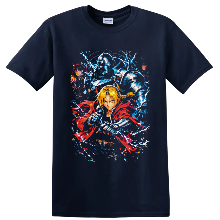 Edward Elric, Alphonse Elric, and Roy Mustang anime art with lightning and flames on a Navy (Blue) T Shirt