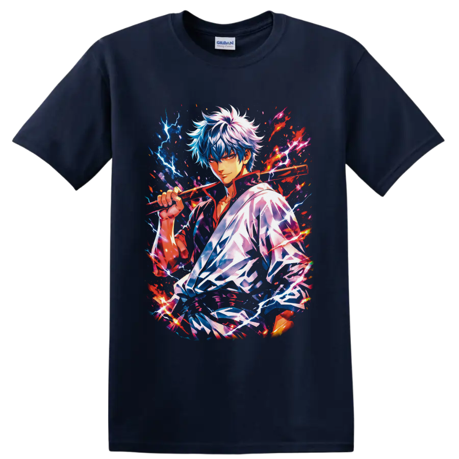 Gintoki Sakata anime portrait with wooden sword, lightning, flames, and cosmic splatter on a Navy (Blue) T Shirt
