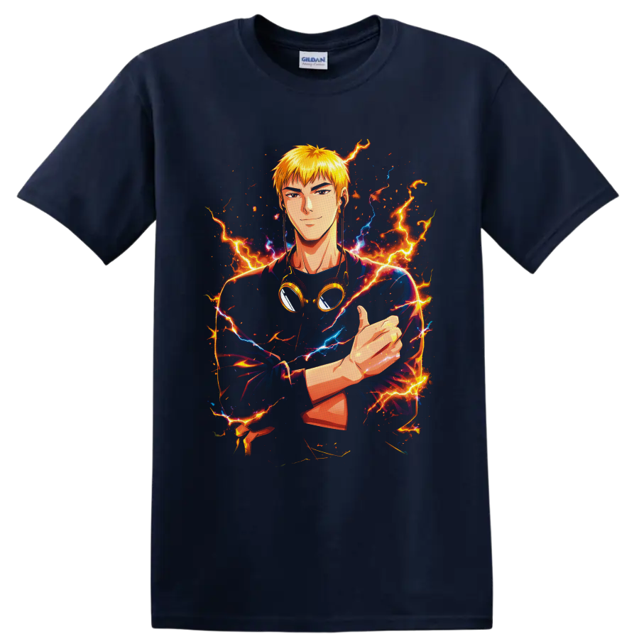 Eikichi Onizuka anime portrait with goggles, fiery lightning, and electric blue energy on a Navy (Blue) T Shirt