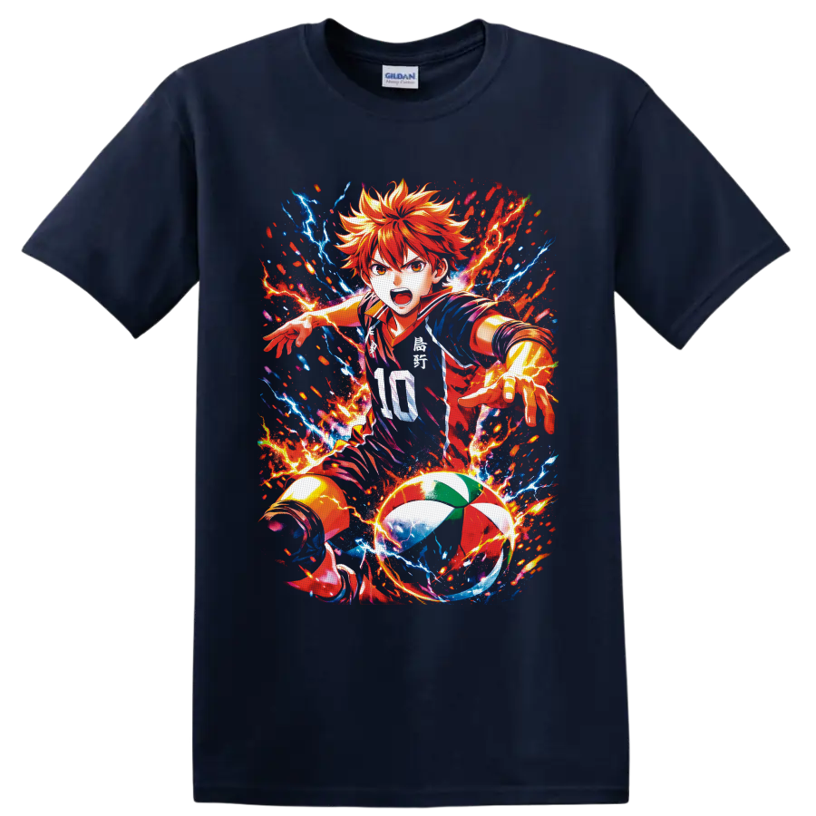 Shoyo Hinata Haikyu!! volleyball anime art with fiery lightning effects on a Navy (Blue) T Shirt