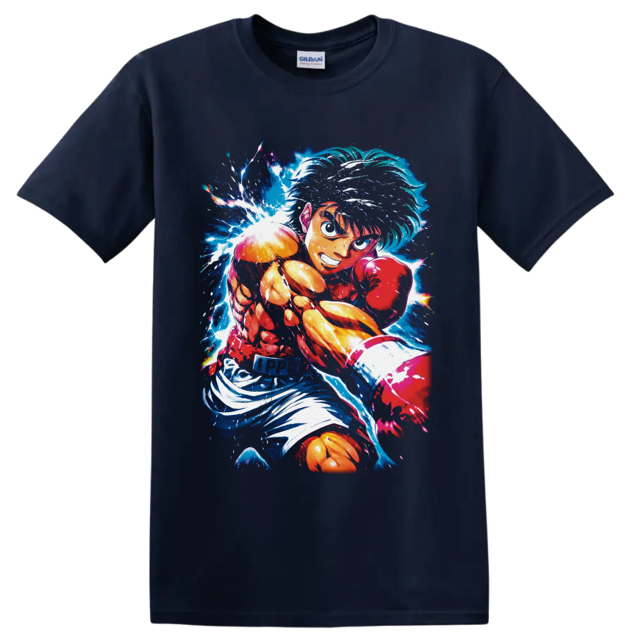Ippo Makunouchi boxing punch in electric blue and fiery anime action art on a Navy (Blue) T Shirt