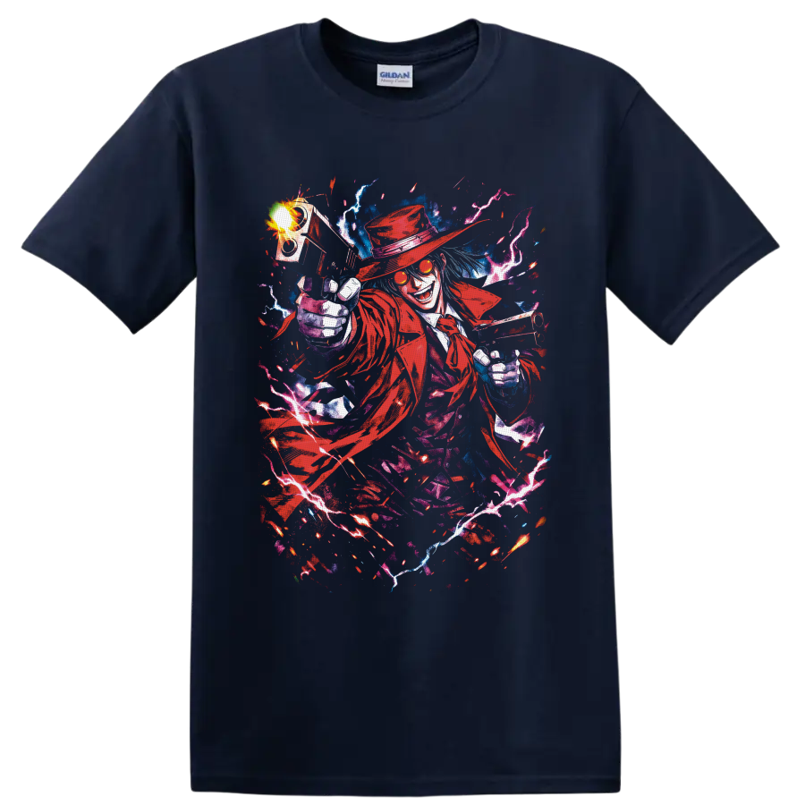 Alucard Hellsing gothic anime art with dual pistols, red coat, and lightning on a Navy (Blue) T Shirt