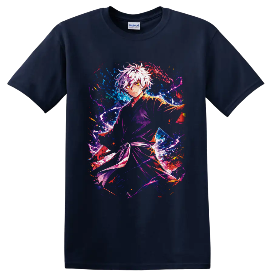 Gabimaru anime art with white hair, lightning, and blue purple red energy on a Navy (Blue) T Shirt