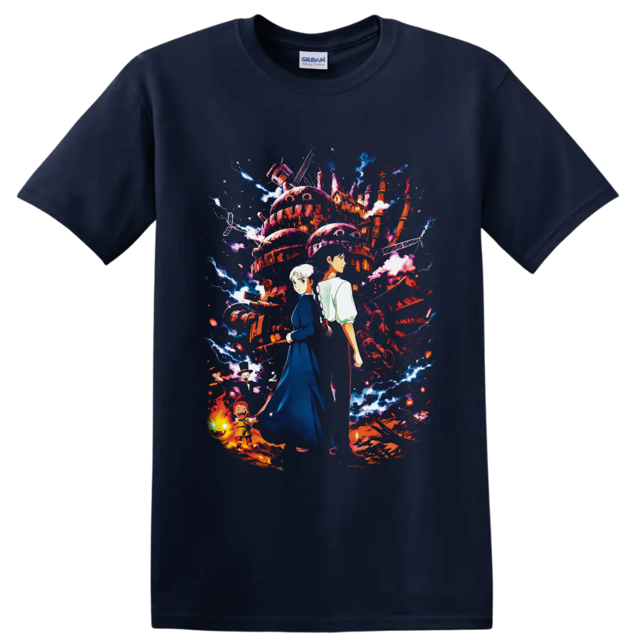 Sophie and Howl before a magical moving castle with Calcifer, Markl, lightning and flames on a Navy (Blue) T Shirt