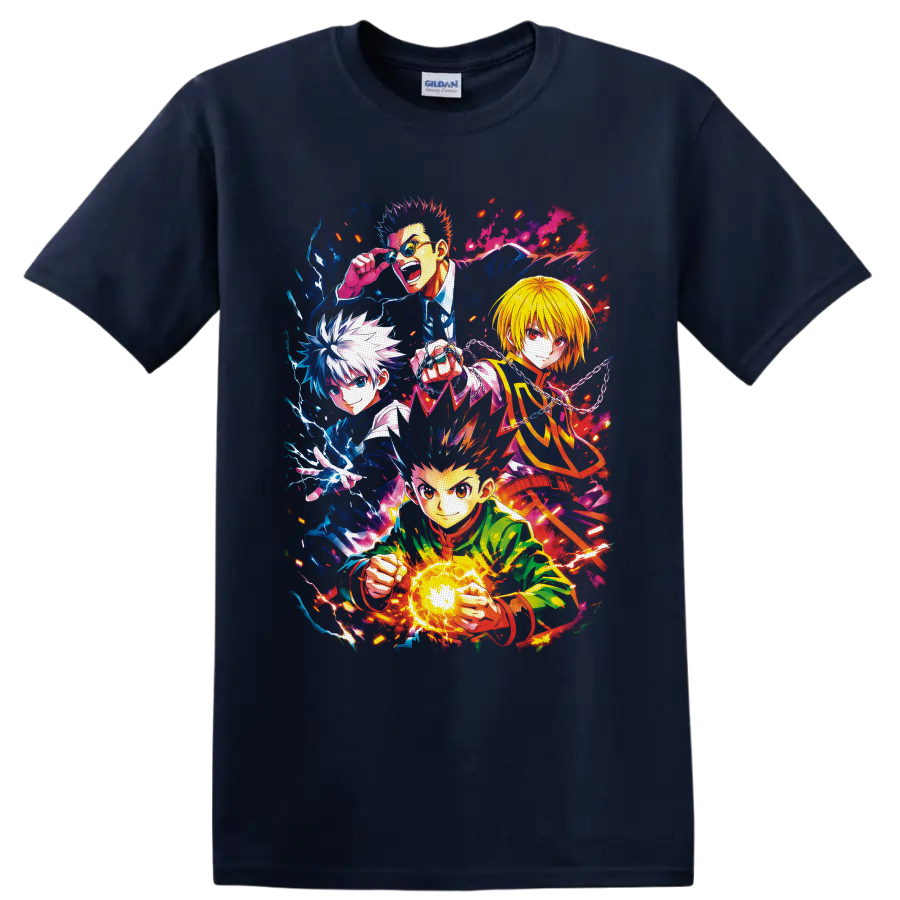 Hunter x Hunter Gon, Killua, Kurapika, and Leorio in vibrant splash-art action on a Navy (Blue) T Shirt