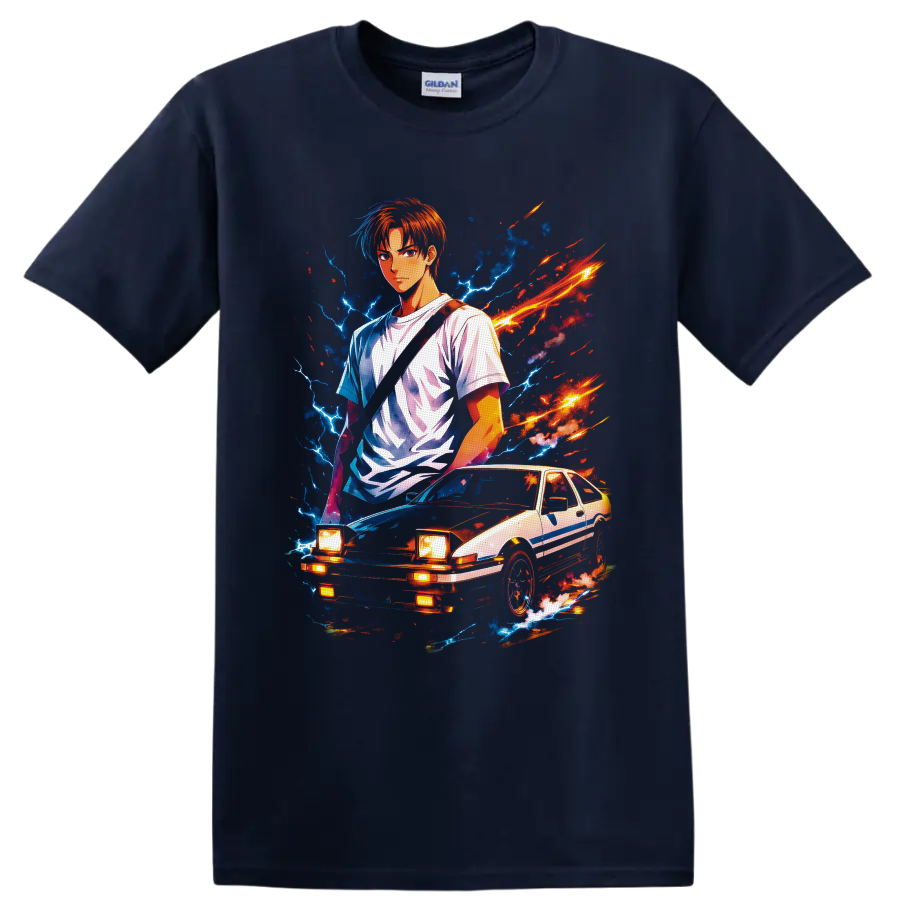 Takumi Fujiwara with Toyota Sprinter Trueno AE86 in neon anime lightning art on a Navy (Blue) T Shirt