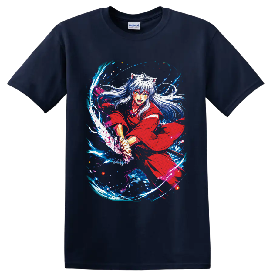 Inuyasha in red robe with silver hair and swirling blue fantasy energy on a Navy (Blue) T Shirt