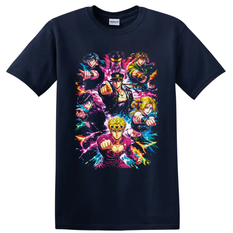 Jonathan Joestar and JoJo's Bizarre Adventure heroes in vibrant lightning anime art on a Navy (Blue) T Shirt
