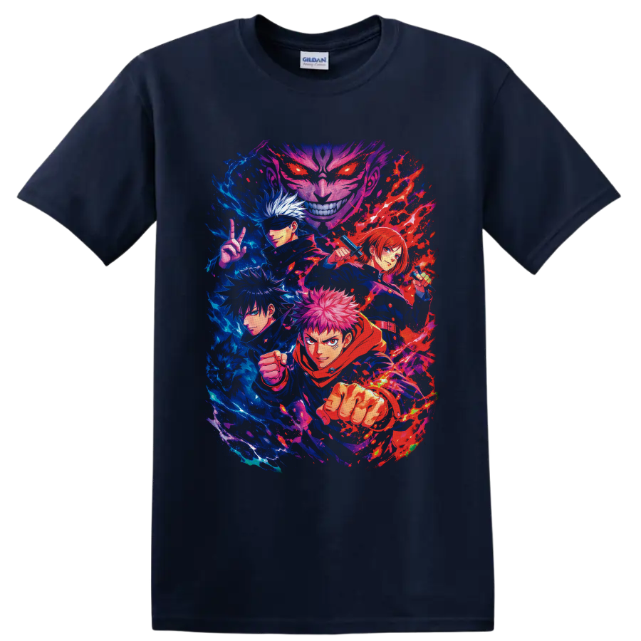 Yuji Itadori and Jujutsu Kaisen characters in vivid blue and red battle art on a Navy (Blue) T Shirt