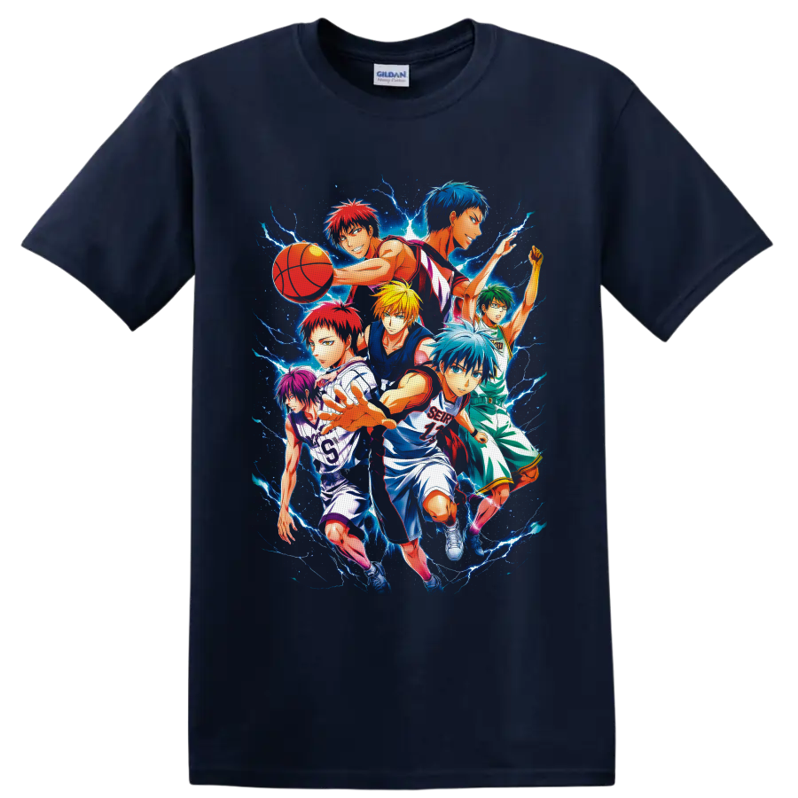 Kuroko's Basketball players in a dynamic anime collage with electric blue lightning on a Navy (Blue) T Shirt