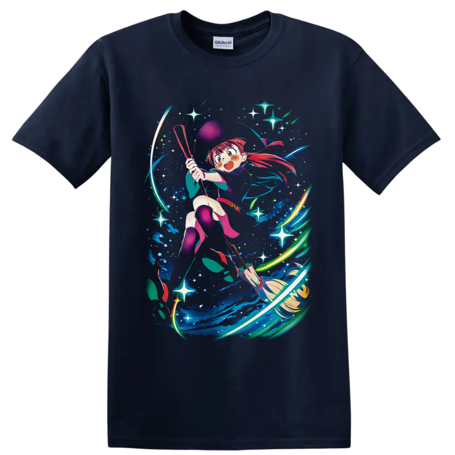 Atsuko Kagari flying on a broom through colorful cosmic magic and stars on a Navy (Blue) T Shirt