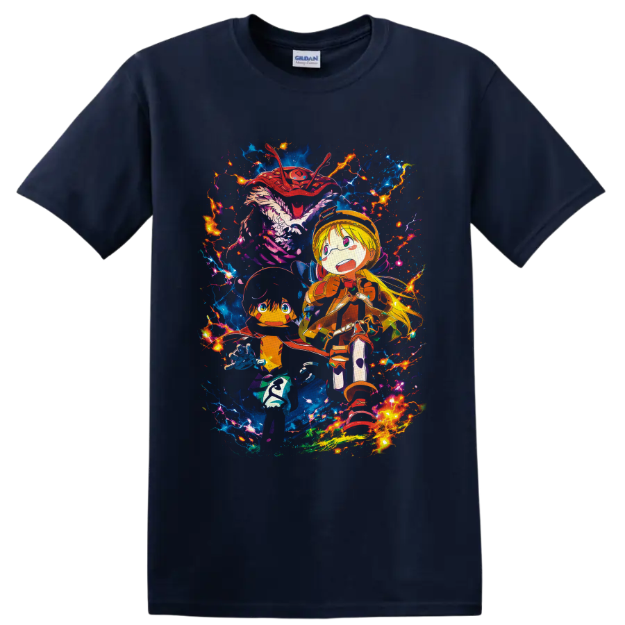 Riko and Reg with blue creature, electric lightning, and vivid fantasy anime art on a Navy (Blue) T Shirt