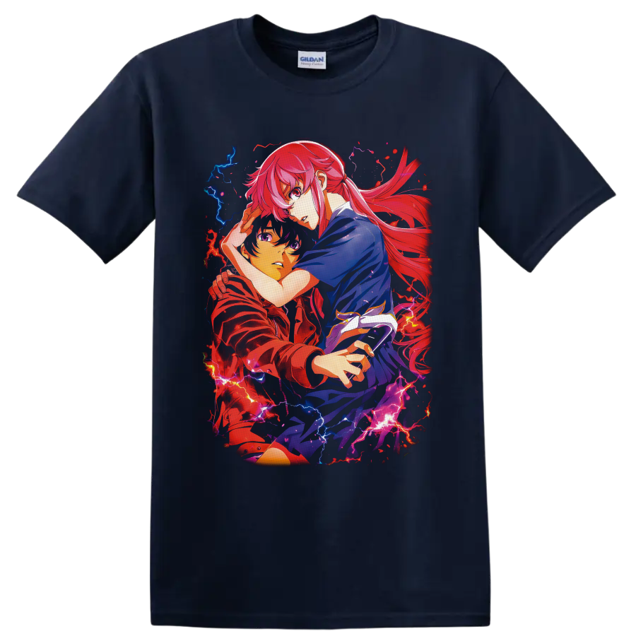 Mirai Nikki anime character duo with red blue lightning and flowing pink-red hair on a Navy (Blue) T Shirt