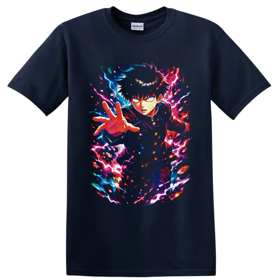 Shigeo Kageyama psychic anime art with blue and pink lightning energy on a Navy (Blue) T Shirt