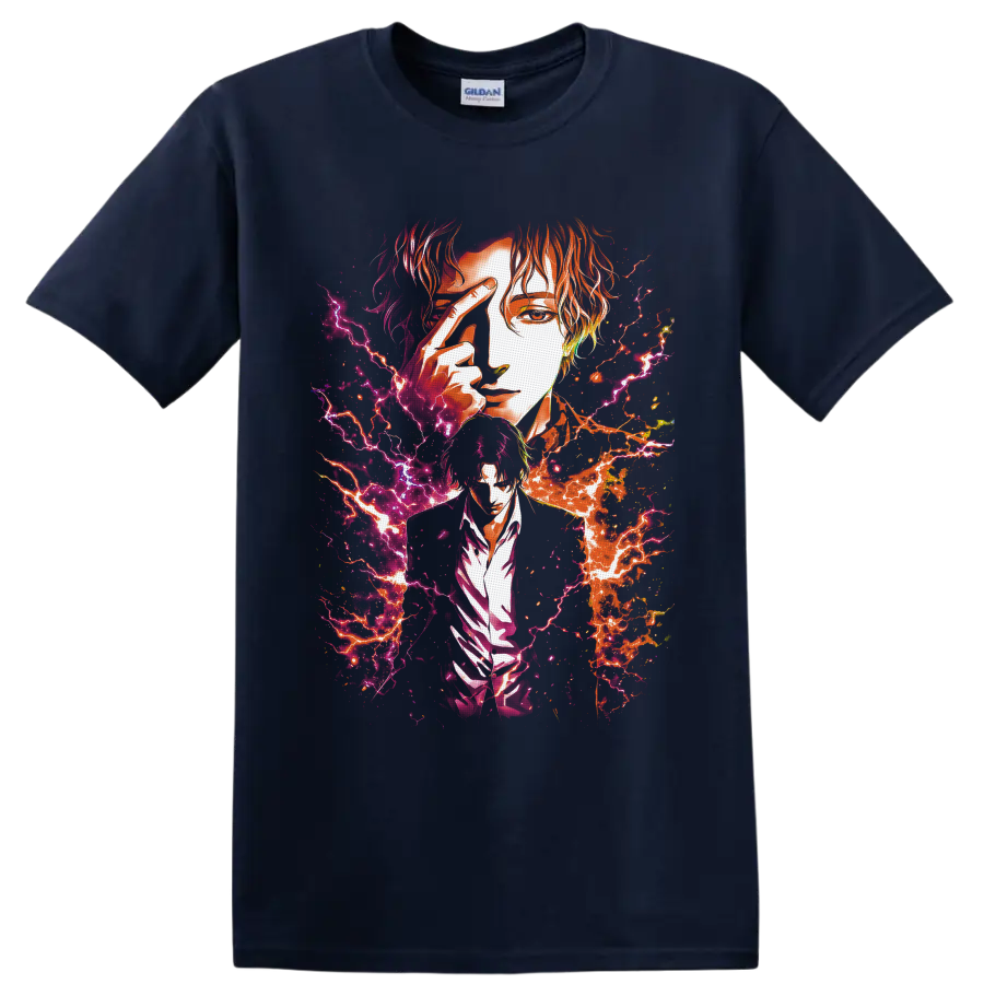 Baku Madarame anime portrait with neon pink and orange lightning splatter art on a Navy (Blue) T Shirt