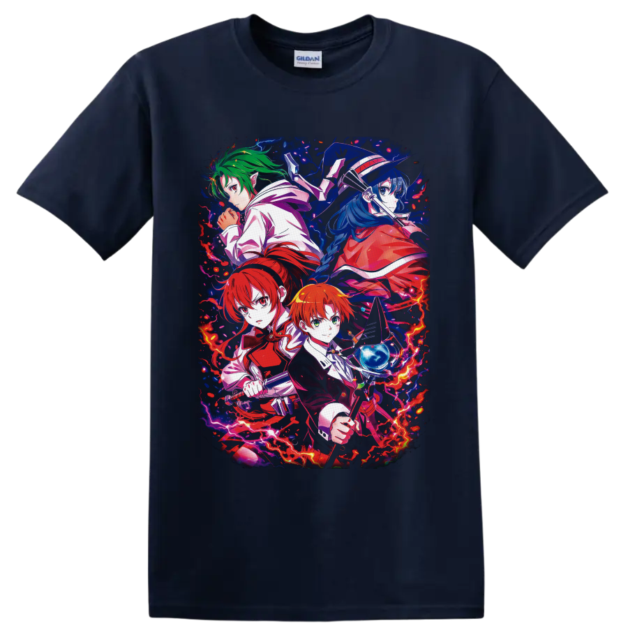 Rudeus Greyrat and companions in vivid fantasy anime art with lightning and magic on a Navy (Blue) T Shirt