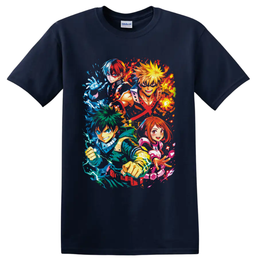 My Hero Academia heroes in colorful anime action collage with energy effects on a Navy (Blue) T Shirt