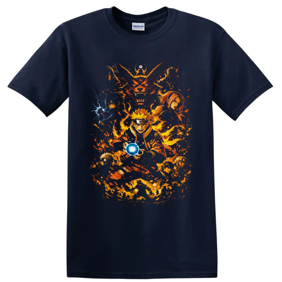 Naruto Uzumaki and Kurama anime battle art with fiery chakra and blue energy sphere on a Navy (Blue) T Shirt