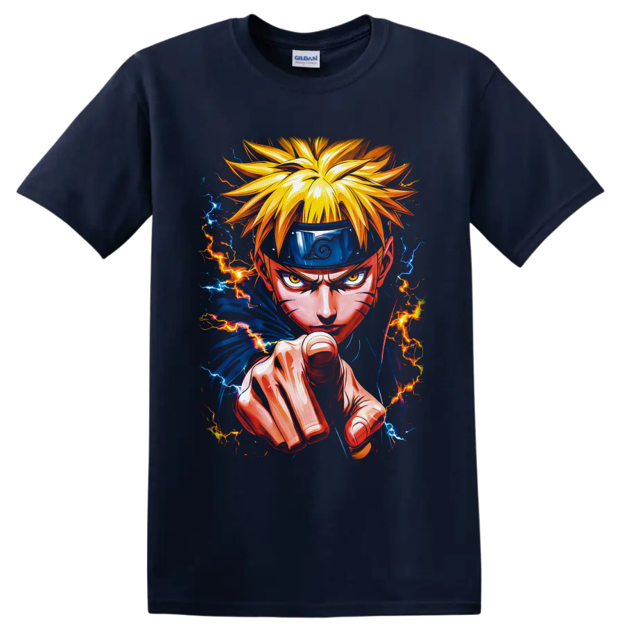 Naruto Uzumaki lightning ninja portrait with forward punch and blue orange energy on a Navy (Blue) T Shirt