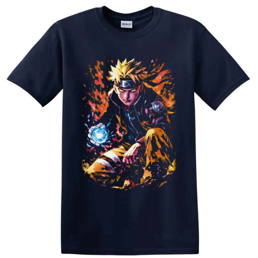 Naruto Uzumaki anime art with glowing Rasengan, fiery chakra, and colorful paint splashes on a Navy (Blue) T Shirt