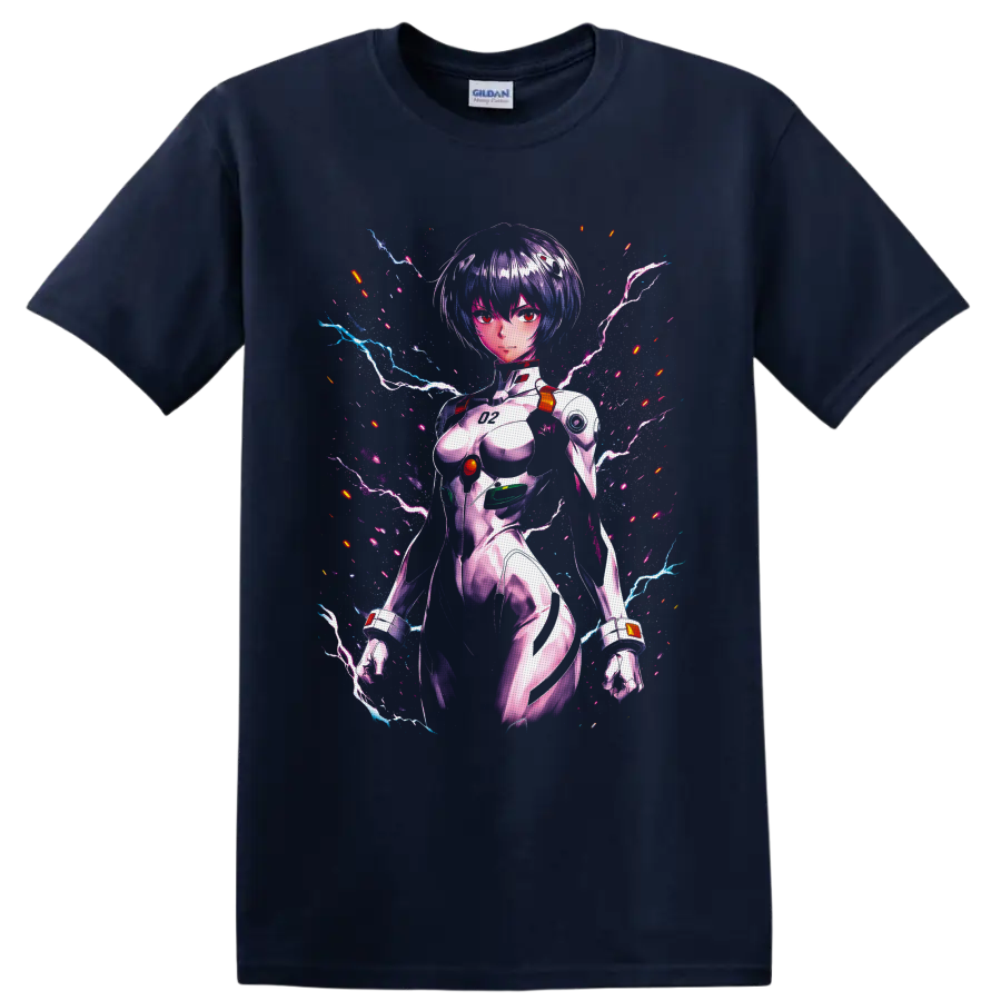 Rei Ayanami in a neon cyberpunk plugsuit portrait with lightning and glitch effects on a Navy (Blue) T Shirt