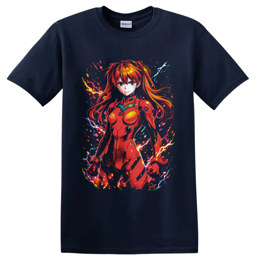 Asuka Langley Soryu in red pilot suit with neon lightning anime action art on a Navy (Blue) T Shirt