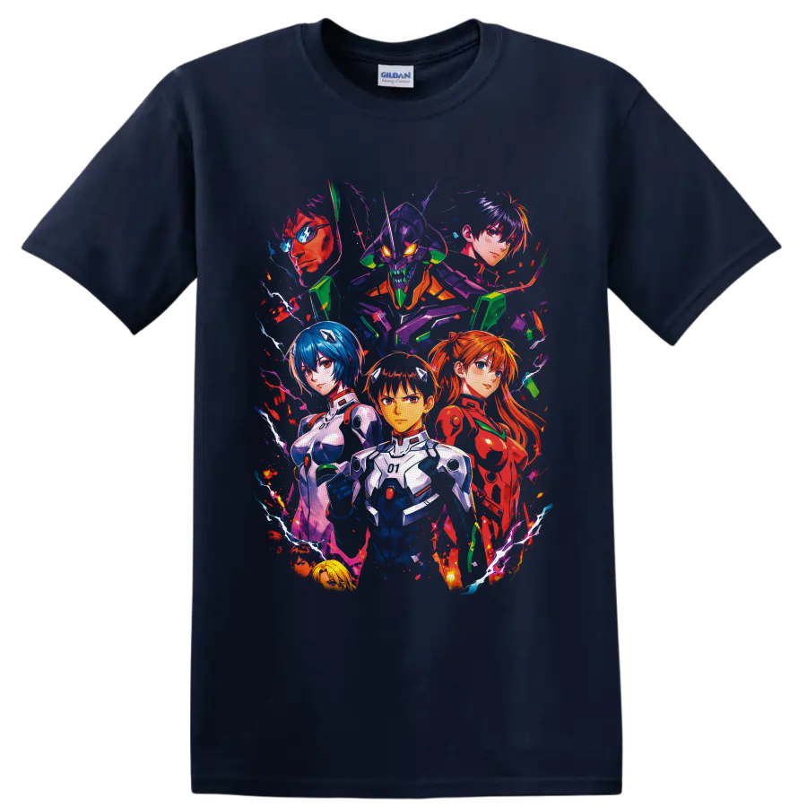 Neon Genesis Evangelion character collage with Shinji Ikari and Unit-01 in neon splatter on a Navy (Blue) T Shirt