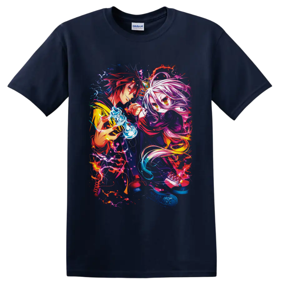 Sora and Shiro with a glowing chess piece in neon fantasy anime art on a Navy (Blue) T Shirt