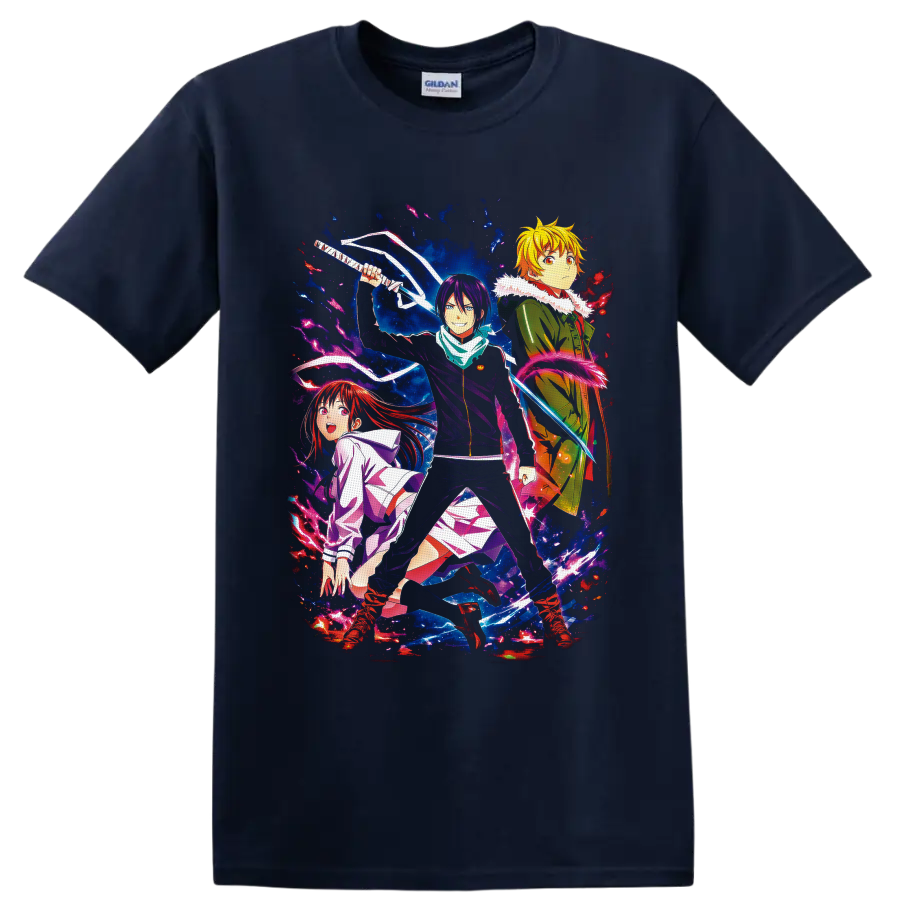 Yato, Hiyori Iki and Yukine in vivid Noragami cosmic action artwork on a Navy (Blue) T Shirt