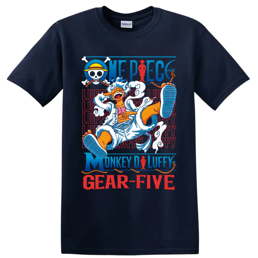 Monkey D. Luffy Gear 5 anime art with clouds, pirate emblem, ropes, and One Piece on a Navy (Blue) T Shirt