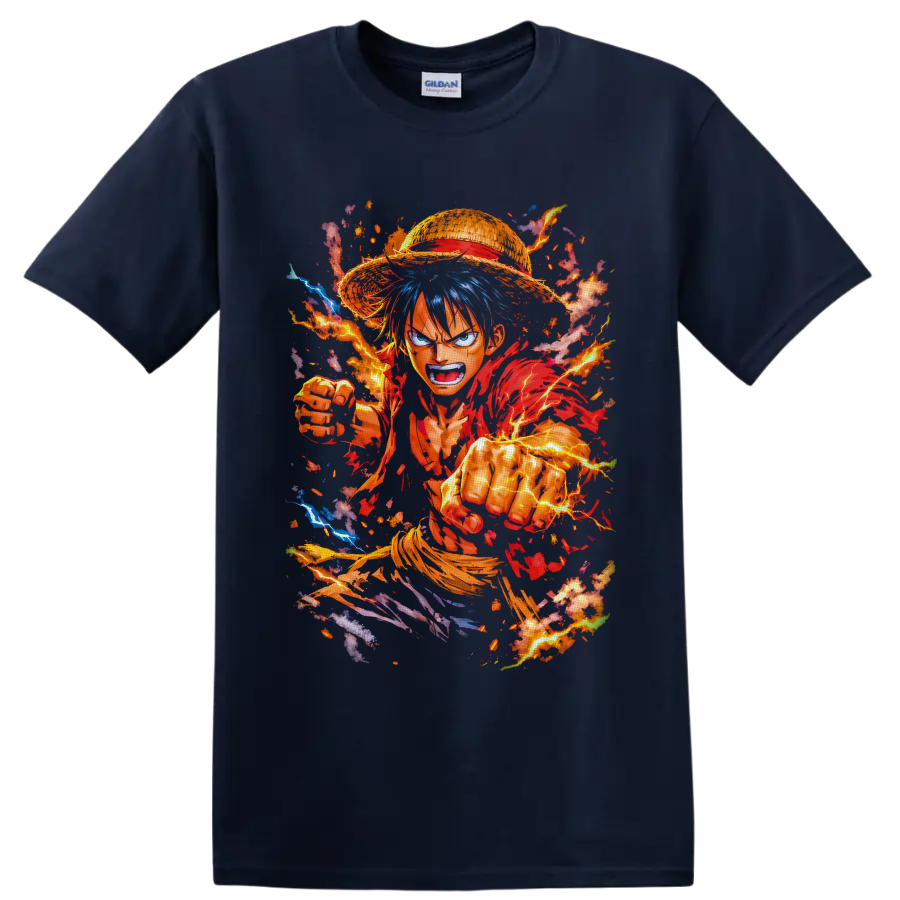 Monkey D. Luffy Gear 5 punching through fiery lightning in dynamic manga art on a Navy (Blue) T Shirt