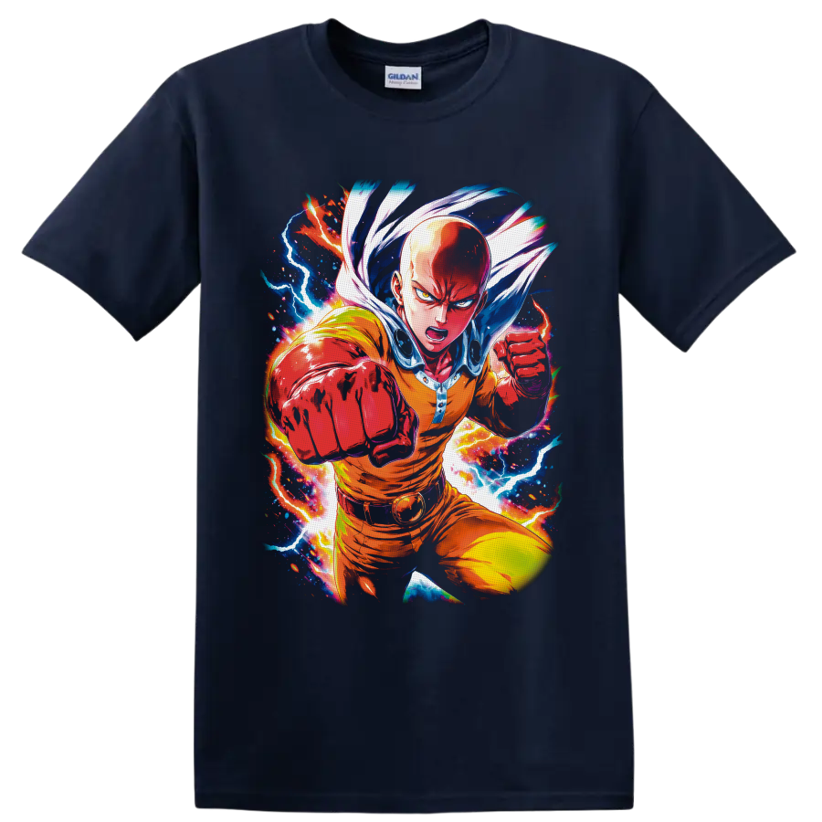 Saitama charging with a punch amid colorful lightning in manga-style action art on a Navy (Blue) T Shirt