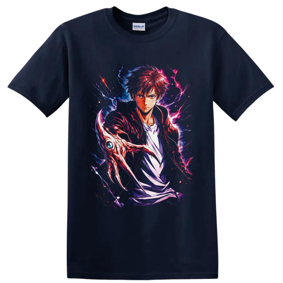 Baku Madarame Usogui manga-style portrait with red hair, lightning, and creature head on a Navy (Blue) T Shirt