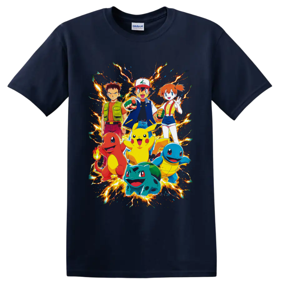 Ash Ketchum, Pikachu, Brock, Misty and starter Pokémon in fiery anime group art on a Navy (Blue) T Shirt