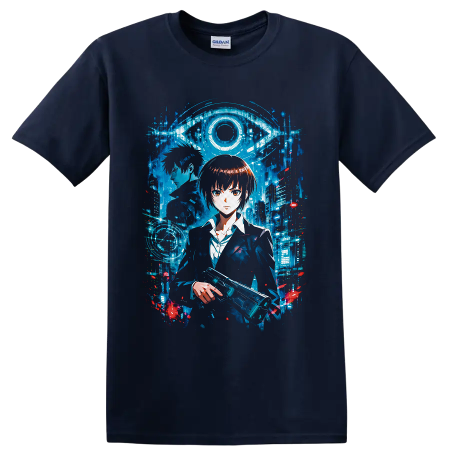 Akane Tsunemori and Shinya Kogami in a cyberpunk city beneath a digital eye on a Navy (Blue) T Shirt