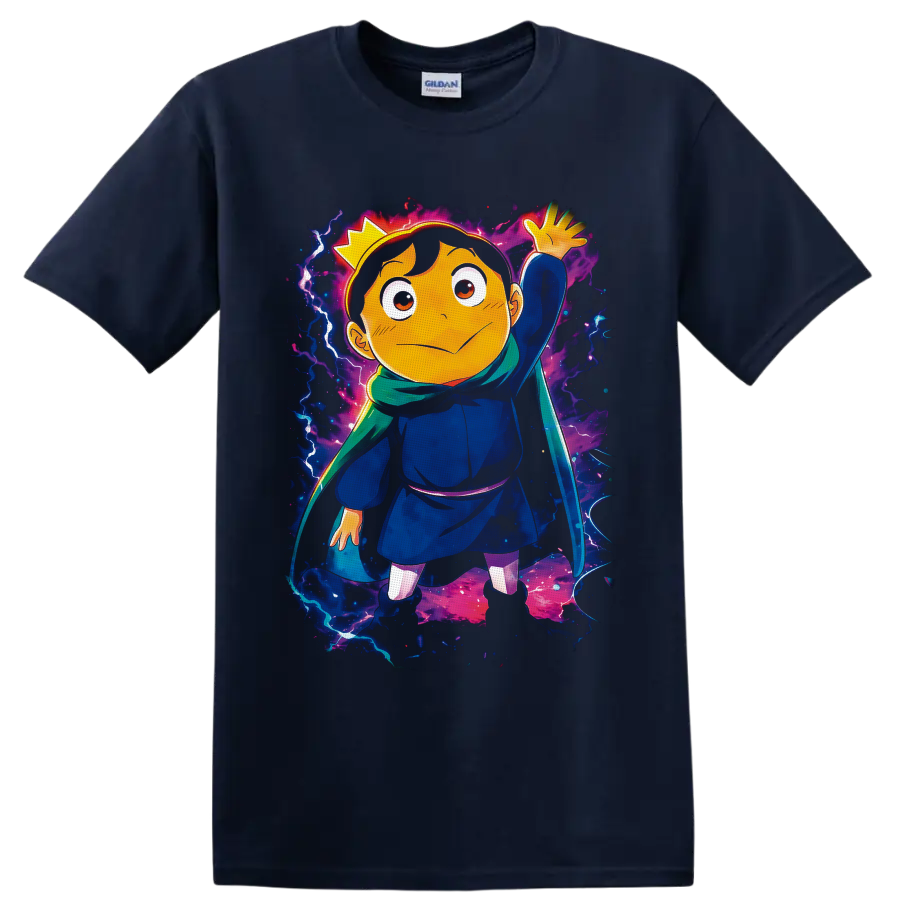 Bojji with crown, sword, and green scarf in cosmic anime fantasy art on a Navy (Blue) T Shirt